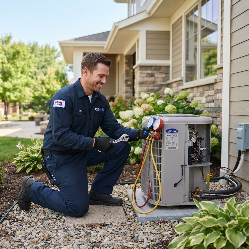Today Heating & Air technician servicing an outdoor air conditioning unit