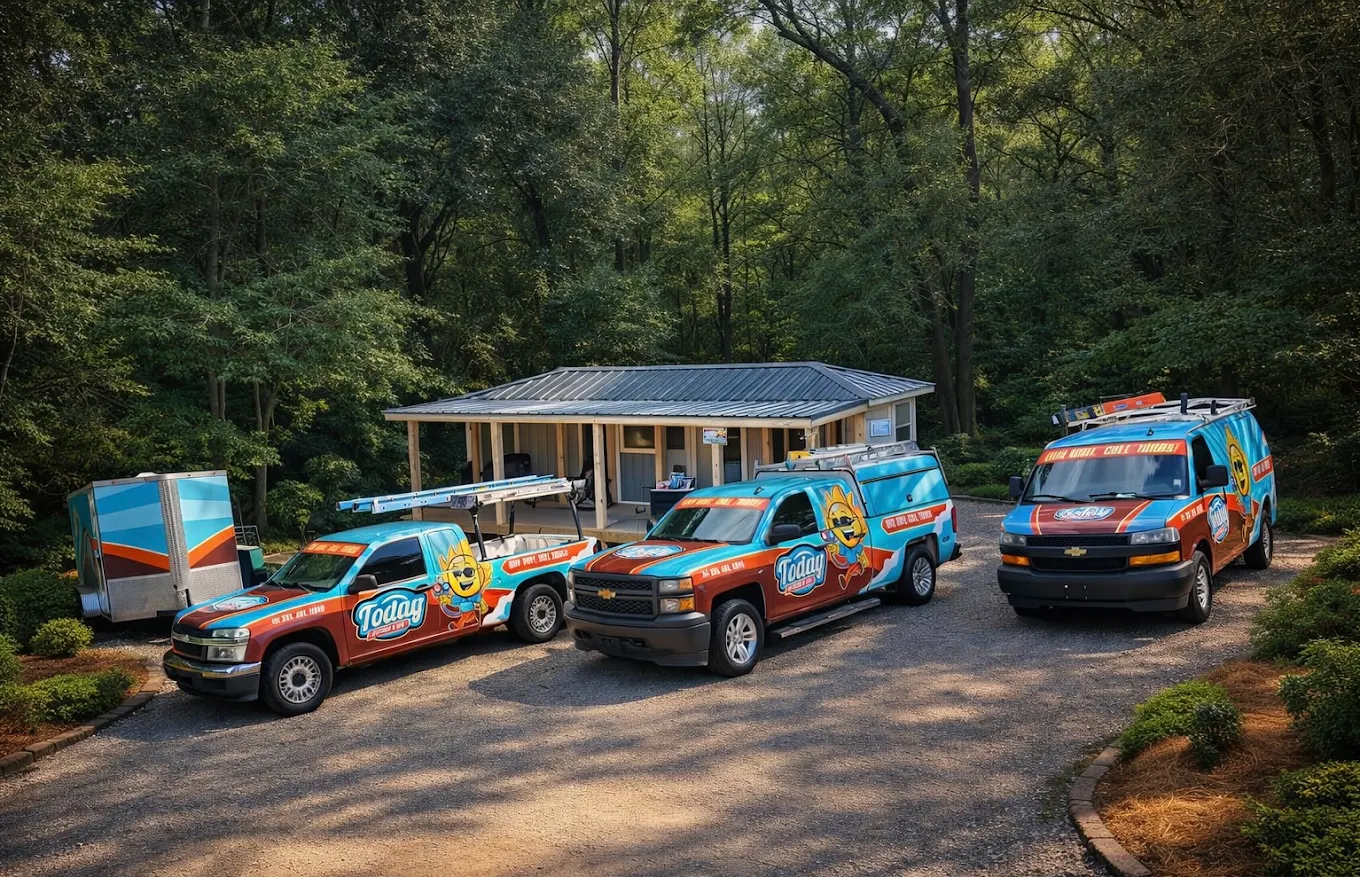 The Today Heating & Air shop with the company's branded trucks, van, and trailer parked out front